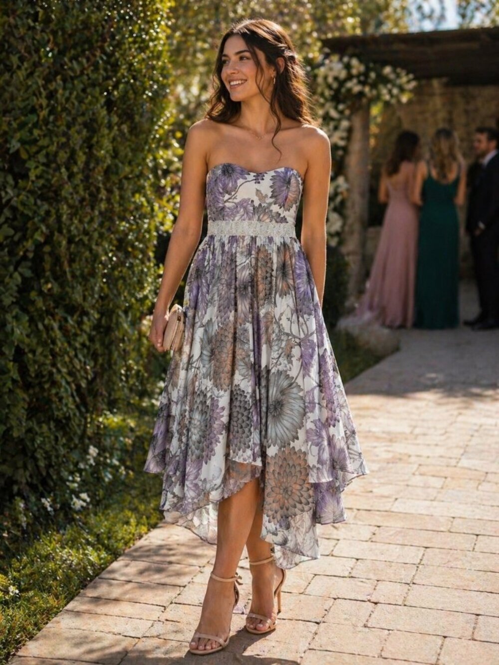 Badgley Mischka Strapless Floral Handkerchief Hem Dress Beaded Belt 16 NWT